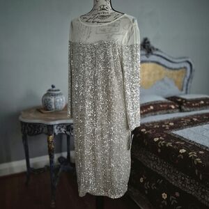 R&M Richards Silver Sequin Maxi Dress